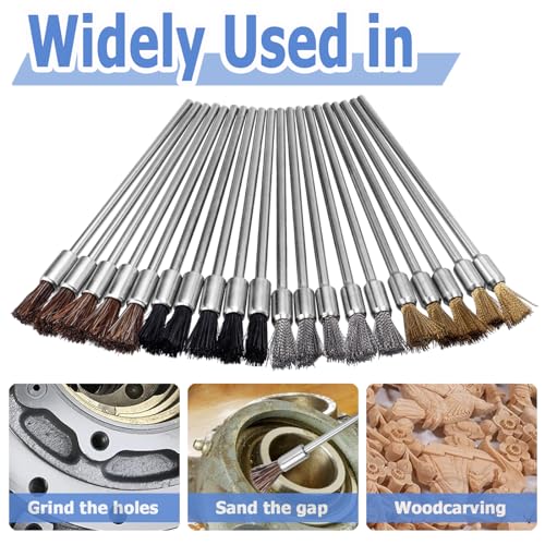Image of Mesee 20Pcs Wire Brushes for Drill, 100mm Extended Cleaning End Brushes Pen Assortment Set Horse Mane / Pig Bristle / Copper Wire / Stainless Steel Wire Brush 3mm Mandrel Polishing Rotary Tools Accessory