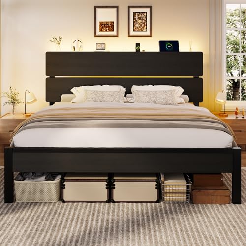 Image of SHA CERLIN King Size Bed Frame, Led Light, Charging Station, Storage Shelf | Wooden Headboard, Heavy Duty Slats Support, Metal Platform Bed, Under Bed Storage, No Box Spring Needed, Noise Free, Black