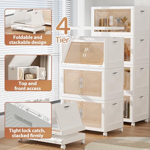 Storage Bins with Lid 120QT, Stackable Storage Containers with Wheels and Magnetic Doors, Plastic Clothes Closet Organizers and Storage Box for Pantry, Home and Office (4 Pack)