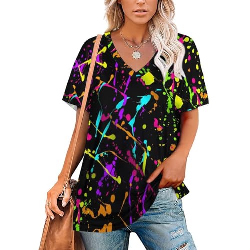 Juiimr Glow in Dark Splatter Neon (11) Women's V Neck T Shirts Tops Shirts Short Sleeve Shirts Gift, 3X-Large