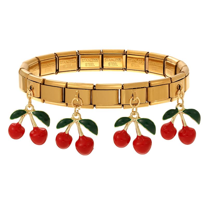Cute Cherry Italian Charm Bracelet for Women –Stainless Steel Stretch Bracelet with Fruit Charms-image-38