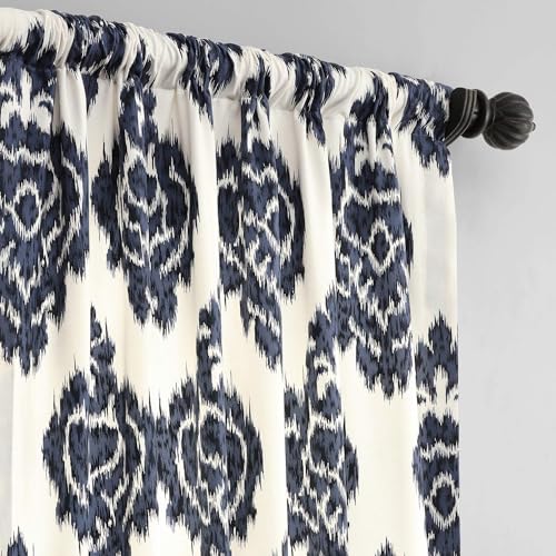 Image of HPD Half Price Drapes Ikat Printed Curtains Luxury Damask Cotton Curtains 84 Inches Long (1 Panel) Room Darkening Window Curtains for Bedroom & Living Room, 50W x 84L, Ikat Blue Damask