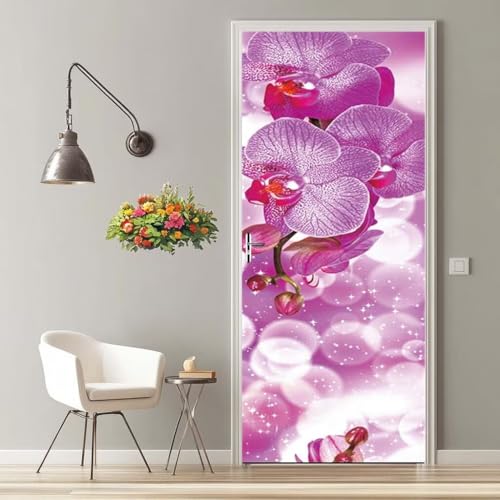 Vinilos Puertas 3D Flor Púrpura Pegatinas Decorativas de Puerta Pegatina Pared Murales Adhesivo para Puerta para Interiores Sala de Estar Dormitorio Bano Oficina Decoración del Hogar 95X215cm -MT2326