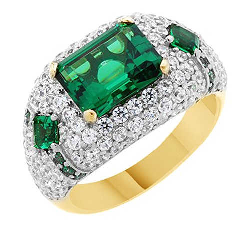 AFFY Princess Cut Simulated Green Emerald with Cubic Zirconia Dome Ring in 14K Gold Over Sterling Silver