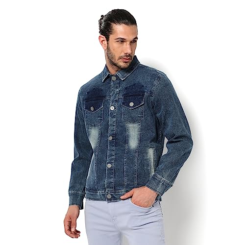 Image of Campus Sutra Men's Medium-Washed Blue Regular Fit Denim Jacket For Winter Wear | Collared Neck | Full Sleeve | Buttoned | Casual Denim Jacket For Man | Western Stylish Denim Jacket For Men