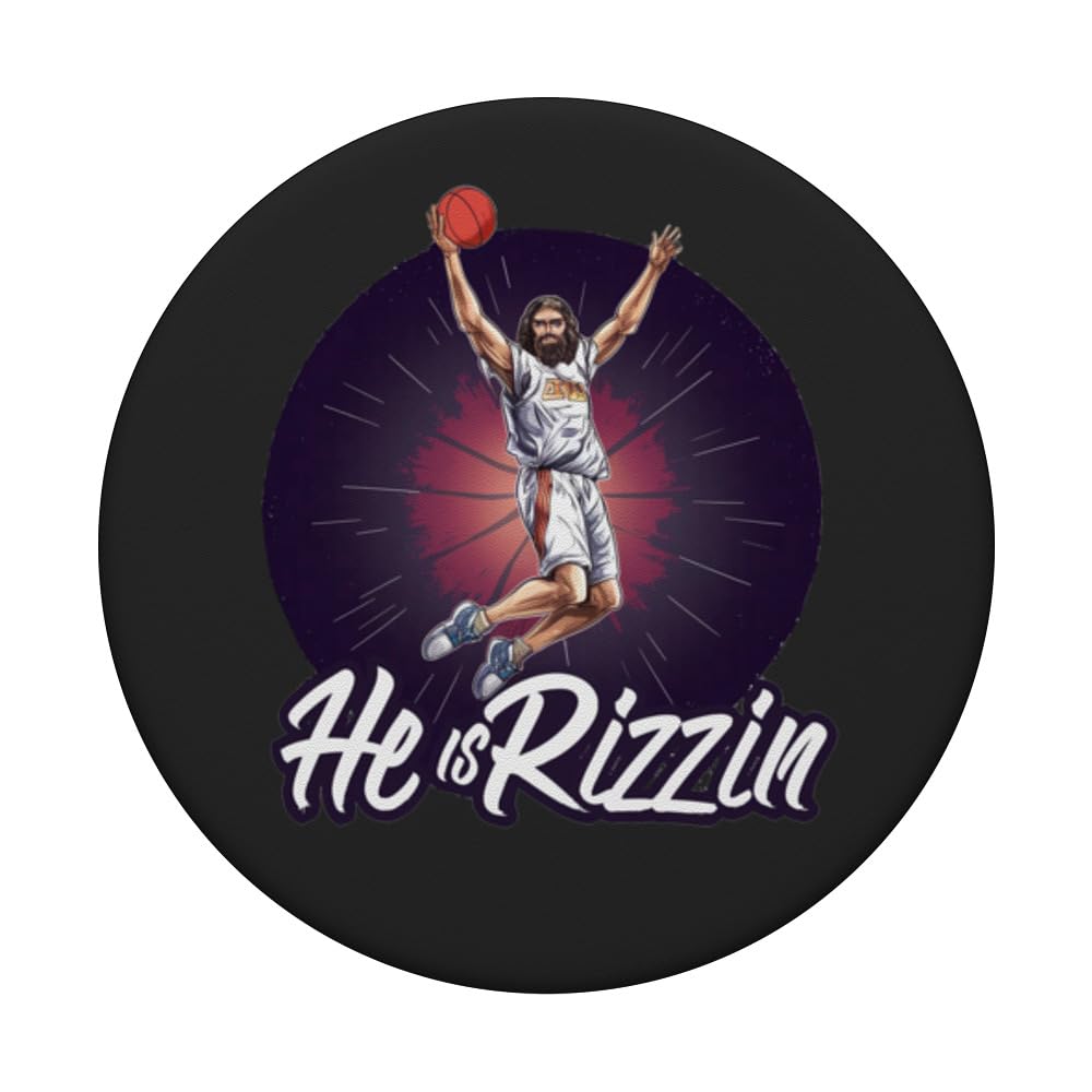 Funny He is Rizzin Jesus Christ Christian Basketball Easter PopSockets Swappable PopGrip, Black - Image 3