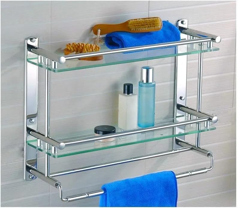 USZWBY Tempered Glass Shelf Bathroom Towel Rack Wall Mounted Storage Bar Stainless Steel Storage Rack Rectangular Shower Basket(2 Tier-50cm)