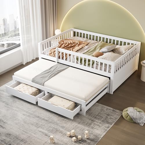 Dolamaní Kinderbett 140x200 cm mit Ausziehbares Bett, Bodenbett mit 2 Schubladen Darunter, Ausziehbett mit Lattenrost, Gästebett Jugendzimmer...