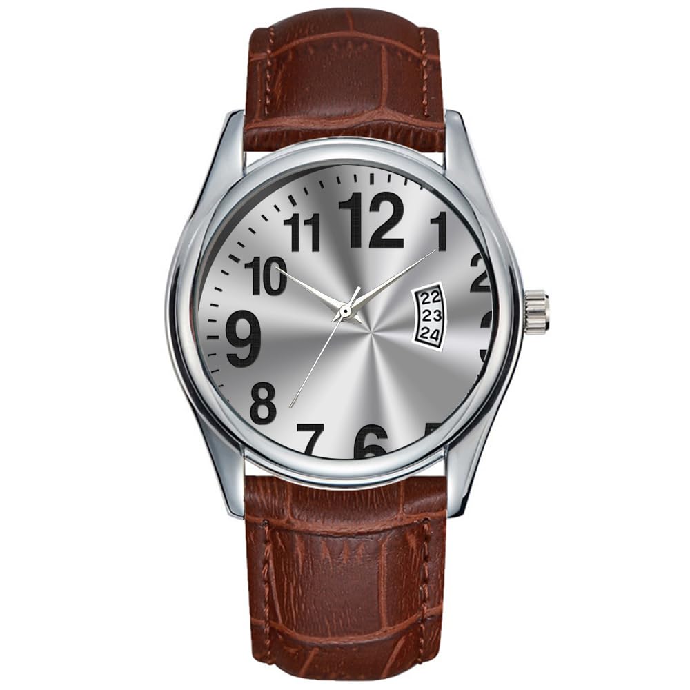 Orologio da uomo casual, impermeabile, al quarzo, con data, classico, in pelle marrone, orologio da polso natalizio, facile da leggere, per anziani con numeri grandi, Marrone, Commerciale