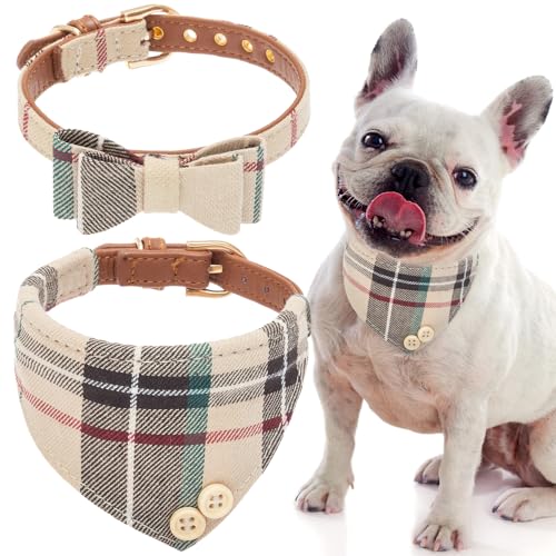 Image of EXPAWLORER Cute Dog Collar - 2 Pack Classic Plaid Puppy Bow Tie and Bandana Cat Collar with Bell, Adjustable for Small Medium Large Pets Holiday Ideal Gift, M