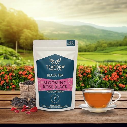 Image of TEAFORA Blooming Rose Black Tea | Assam Loose Leaf Tea | Robust & Flavorful | Blended with Rose Petals, Cardamom, Saffron & Almond | 100% NATURAL INGREDIENTS - 100g