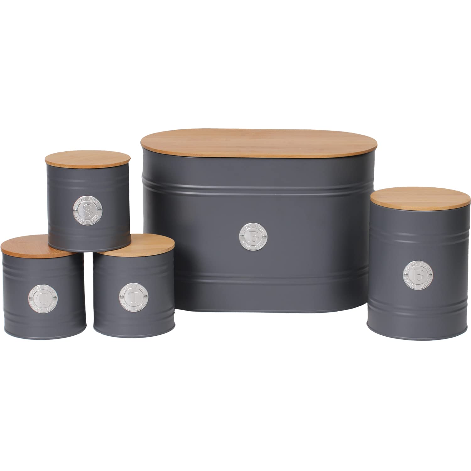 Buy Neo Scandi Bamboo Lid and Matt Finish 5 Kitchen Canister Set Tea Coffee Sugar Biscuit Tin