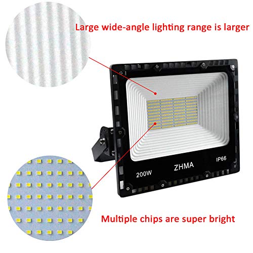 ZHMA 200W LED Flood Light Outdoor, 20000lm Super Bright Work Lights, IP66 Waterproof Security Light with Plug & Switch, 6500K White Spotlight for Garden, Yard, Garage, Basketball Court Lighting
