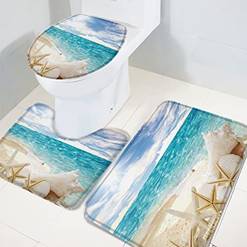 LEOSUCRE Badematte, 3-teiliges Badezimmerteppich-Set, Strand-Badezimmerteppiche, rutschfeste Konturmatte und WC-Deckelbezug, saugfähiger Muschelteppich, Badematte, weicher Strand-Badezimmer-Set – Bild 4