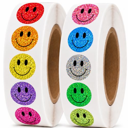 1000 Glitter Smiley Face Stickers for Kids 1 Inch Round Holographic Happy Face Reward Stickers in 10 Colors for Teachers Classroom Prizes Behavior and Sticker Charts 2 Rolls of 500