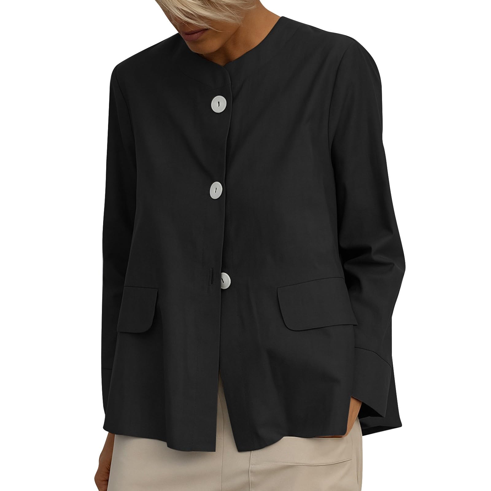 Womens Balloon Long Sleeve Blazer Cropped Collarless Button Down Suit Jackets Business Casual Fall Blouse Outerwear