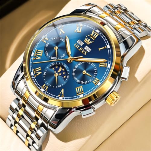 Image of OLEVS Mens Automatic Watch Mechanical Self Winding Luxury Business Dress Moon Phase Stainless Steel Calendar Wrist Watches for Men Waterproof Luminous