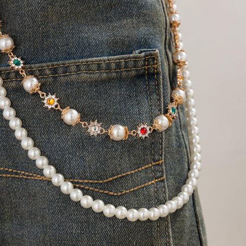 Wallet Chain Pants Chains for Men Women, Punk Jeans Layered Accessories with Exquisite Rhinestone Flower Pearl3