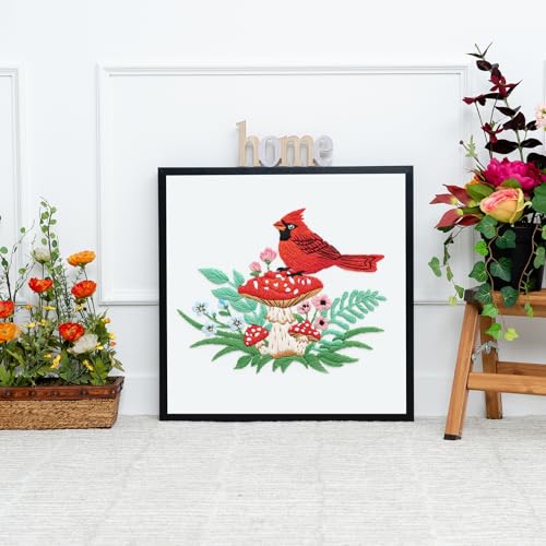 Image of Louise Maelys Cardinal Mushroom Embroidery Kit for Beginners DIY Craft | DIY Needlepoint Kit with Pre-Printed Fabric, Hoop, Threads, Needles and Guide. Cross Stitch Kit for Adults with Nature Design
