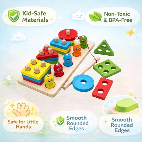 Image of 3 in 1 Wooden Fishing, Shape Sorting & Stacking Toy | Montessori Magnetic Fish Catching Game | Brain Development & Fine Motor Skills for Kids 1-5 Years