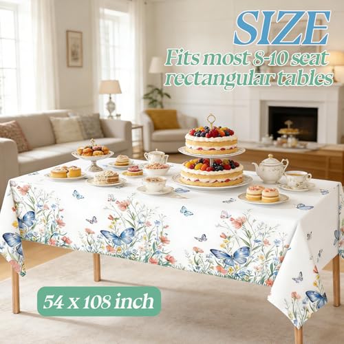 Image of 2 Pack Spring Floral Tablecloth Party Decorations, 54 x 108 Inch Disposable Wildflower Butterfly Plastic Table Cover Wildflower Table Cloth for Birthday, Wedding, Tea Party Decor