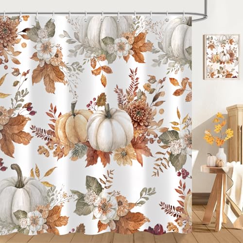 PAOPOED Fall Pumpkin Shower Curtain 72"x72" Waterproof Polyester, Autumn Leaves Floral Thanksgiving Bathroom Decor Includes 12 Hooks by PAOPOED - Used condition - Image 3