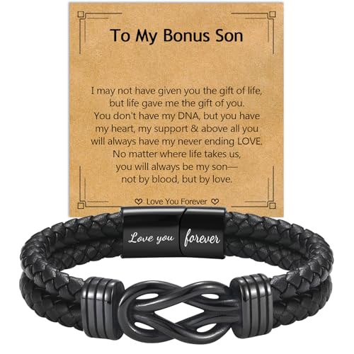 EPIRORA Gifts for Bonus Son- Black Braided Leather Infinity Knot Bracelets for Men Boys Bonus Son Jewelry Gifts for Christmas Birthday Graduation Anniversary Valentines Day