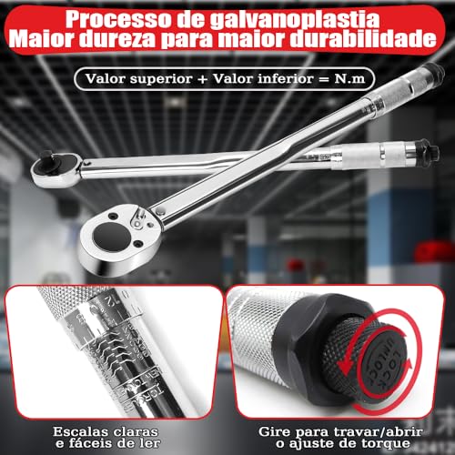 Torquimetro, Torque Ajustável Torquimetro de Estalo, 1/2 Polegadas Chave de Torque, 28-210Nm, Torqui
