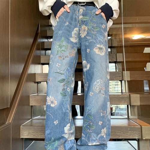 Baggy Jeans Men Vintage Y2k Floral Jeans Flower Print Casual Oversize Streetwear Wide Leg Denim Pants Loose Fit2