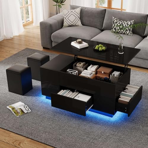 EURHCIO Table Basse Relevable 100x50x45cm,Table Basse Salon Pliante Moderne avec Plateau Déformable,Éclairage LED,2 Tabourets à Rangement,2...