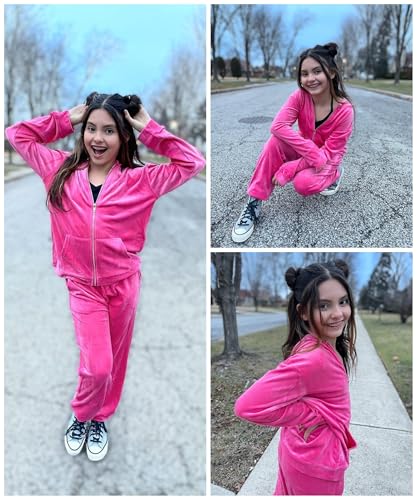 Image of Arshiner 2 Piece Outfits for Girls Kids Velour Tracksuit and Jogger Set | Size 5-14Y, Velvet Sweatsuit with Zipper for Fall /Winter, Suit for School, Workout, Jogging, or Casual Occasions