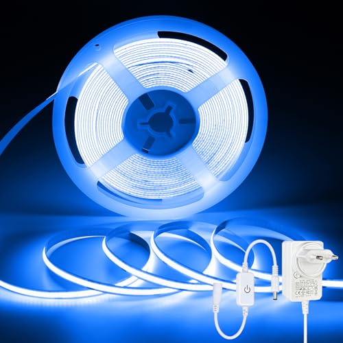 ShineBurky COB Ruban LED 10M Bleu, 24V Bande LED 10 Mètres avec Gradateur Tactile Bande Lumineuse LEDs Flexible pour Intérieur Extérieur Chambre TV Noël Décoration (Avec Adaptateur Secteur)