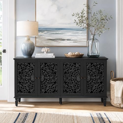 Image of Black Buffet Cabinet with Carved Doors, Black Accent Cabinet, Sideboard Buffet Cabinet with Storage Shelves, Vintage Cabinet for Dining Room, Living Room & Entryway