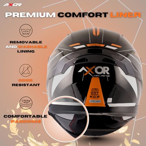 Image of Axor Apex Turbine ISI ECE DOT Certified Full Face Dual Visor Helmet for Men and Women with Pinlock Fitted Outer Clear Visor and Inner Smoke Sun Visor Black Orange Grey Helmet-L