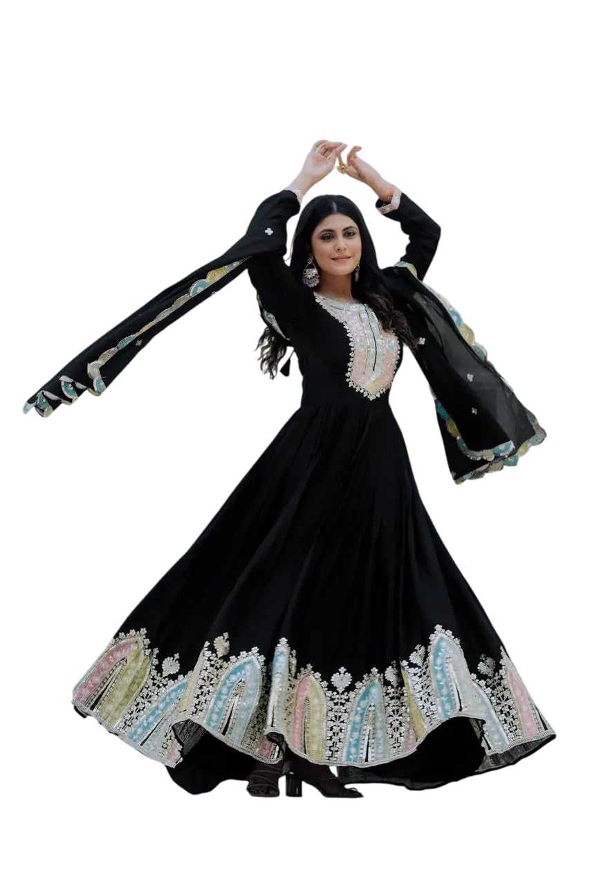 Women's Chinon Silk Multi thread Embroidered Anarkali Kurti With Dupatta Set-image-3