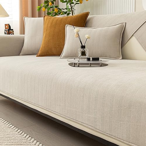 Funny Sofa Cover, Fuzzy Couch Cover, Herringbone Chenille Fabric Furniture Protector Sofa Cover, Cosy Solid Colour Non-Slip Couch Cover (Beige,110 * 110cm)