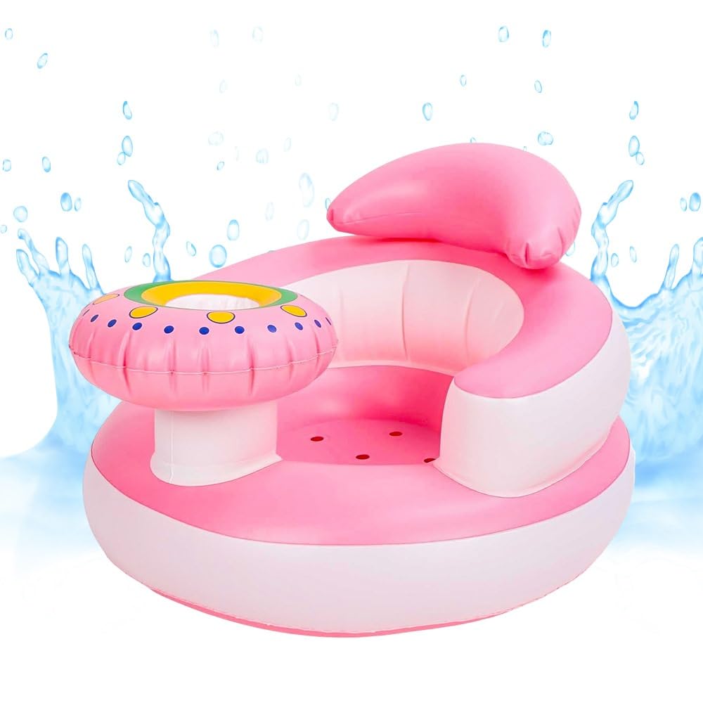 UKR Inflatable Swim Float Chair Bottle Holder with Headrest No Water Touch Baby Swimming Accessories Pool Beach (Pink)