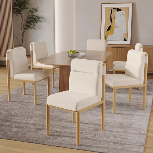 Hmdpoo Juego de 6 Sillas de Comedor, Tela Sherpa Beige, Marco Estilo Roble, 46x52x80.5 cm, Acolchado Grueso, Moderno
