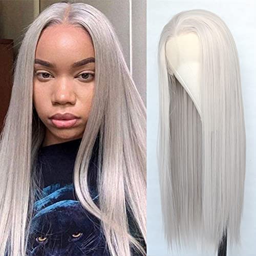 Luwigs Ash Silver Blonde Lace Front Wigs Long Straight Synthetic Wig Silky Heat Resistant Natural looking Wigs for Daily Use Cosplay Gray Wig 22inch (22 Inch, Ash Blonde,Straight)
