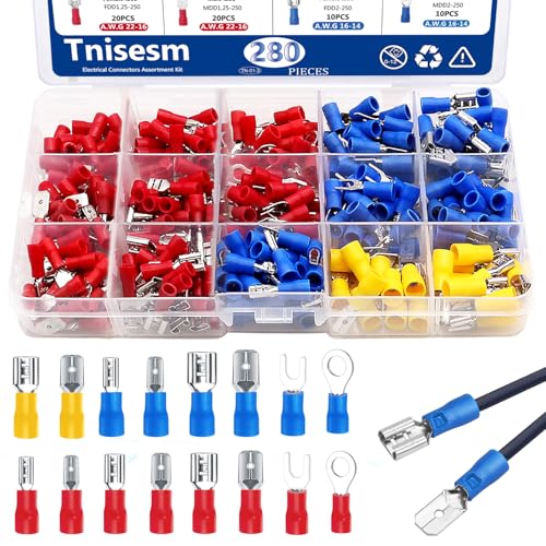 Tnisesm - Tnisesm 280Pcs Spade Connector,Crimp Connectors 2.8mm 4.8mm 6.3mm Male and Female Spade Connector kit, 16 Types Crimp Terminals Electrical Connectors Includes Spade Ring Fork Wire Connectors