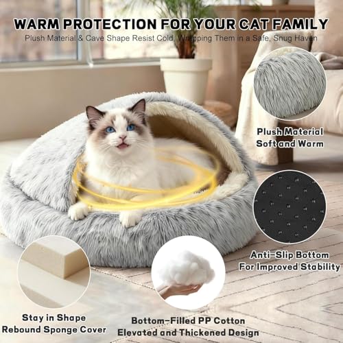 SUOXU Beruhigendes Katzenbett Kleines Hundebett, warmes kuscheliges weiches Plüsch-Winterbett für Katzenhöhlen, Rutschfester Boden, maschinenwaschbar, Sofabett für Welpen/kleine mittelgroße Katzen