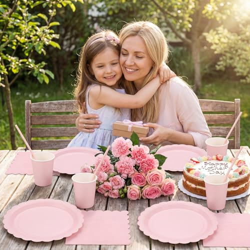 NatNarr 125 Stück Pappteller Rosa für 25 Gäste, Gewellte Hellrosa Partygeschirr Set Einwegteller Rosa, Servietten, becher und Papierstrohhalme für Babypartys, Geburtstag, Hochzeiten,Muttertag, Ostern
