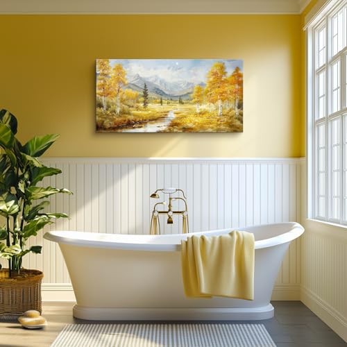 crmotu Autumn Landscape Wall Art, Birch Tree Forest Large Artwork, Mountain River Scenic Canvas Painting, Rustic Aesthetic Pictures Wall Decor Living Room Bedroom Bathroom Kitchen Art Prints 24x48inch