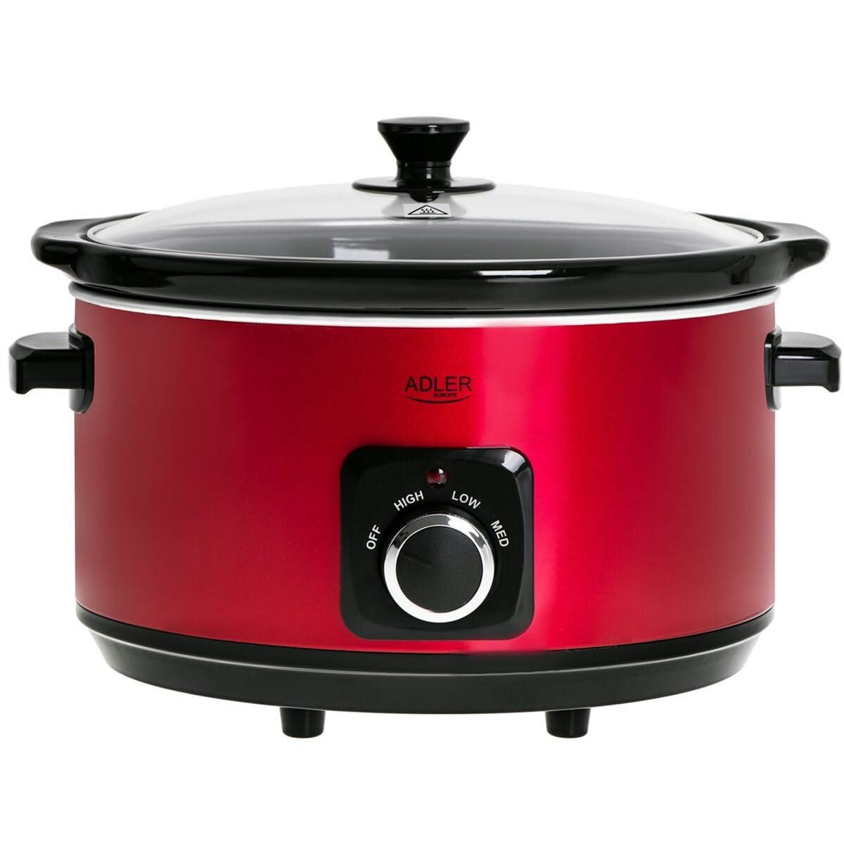 Adler - Slow Cooker - Schongarer - Entnehmbarer Keramiktopf - 5,8 L - Hitzebeständige Tragegriffe - Glasdeckel - 3 Kochstufen - Spülmaschinenfest - Edelstahlgehäuse