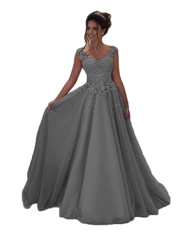 Robe de soirée longue en tulle gris taille 48 pour mariage et bal - 6