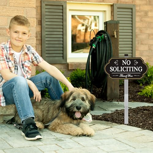 Image of Heavy Duty No Soliciting Sign for House - All Metal Construction - No Soliciting Yard Sign - 14 inch x 7 inch - Aluminum - with 28 inch Long Stake