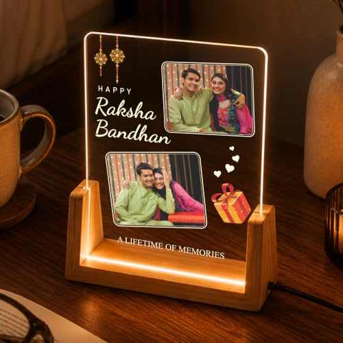Image of Giftplease Personalized Raksha Bandhan LED Acrylic Photo Frame with Custom Pictures, Brother Sister Memory Lamp, Wooden USB Table Decor, Rakhi, Rakshabandhan, Festival Keepsake, Engraved Name Quote Display Plaque
