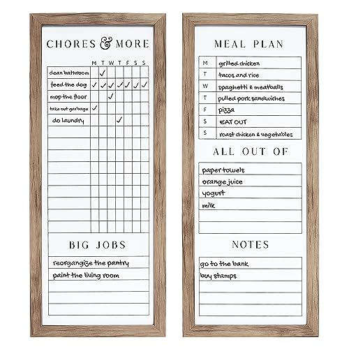 Sheffield Home Set of Two Family Planner Dry Erase Boards Featuring, Chore Chart, Shopping List, Weekly Meal Planner and Notes, 9x21 Inch, Natural