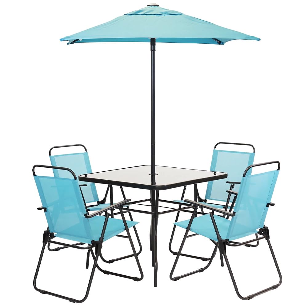 Shally Dogan Set da Pranzo Giardino 6 Pezzi con Ombrellone, 4 Sedie Pieghevoli, Tavolo Vetro Temperato, UV Resistente, Arredamento Esterno
