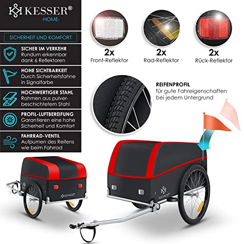 KESSER® Fahrradanhänger Lastenanhänger Transportanhänger Hochdeichsel mit Kupplung Hochdeichsel Anhänge für Fahrrad Transportbox 120 Liter Inkl. Regenschutz mit Klappfunktion & Fahne 40Kg Rot